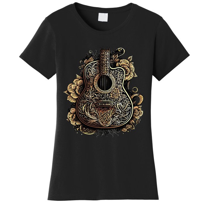 Guitar Graphic Music Lover Acoustic Guitar Musician Floral Women's T-Shirt