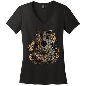 Guitar Graphic Music Lover Acoustic Guitar Musician Floral Women's V-Neck T-Shirt