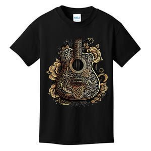 Guitar Graphic Music Lover Acoustic Guitar Musician Floral Kids T-Shirt