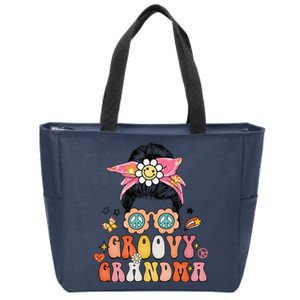 Groovy Grandma Messy Bun Women Hippie Family Matching Zip Tote Bag