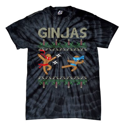 Ginjas Gingerbread Ninjas Throwing Stars Ugly Christmas Tie-Dye T-Shirt