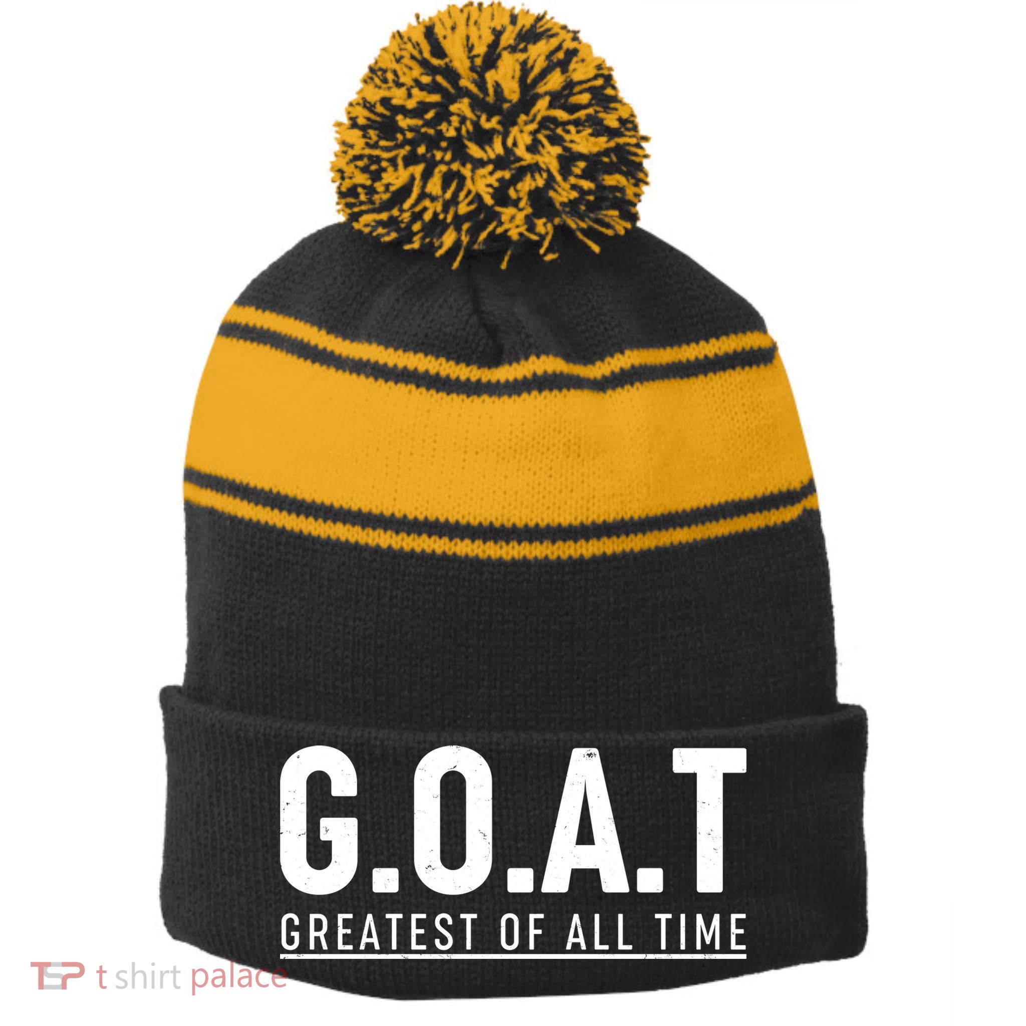 G.O.A.T Greatest Of All Time Stripe Pom Pom Beanie