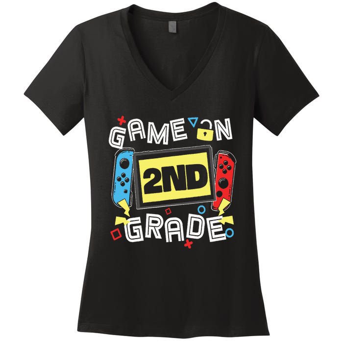 Gaming Game On 2nd Grade Second First Day School Gamer Women's V-Neck T-Shirt