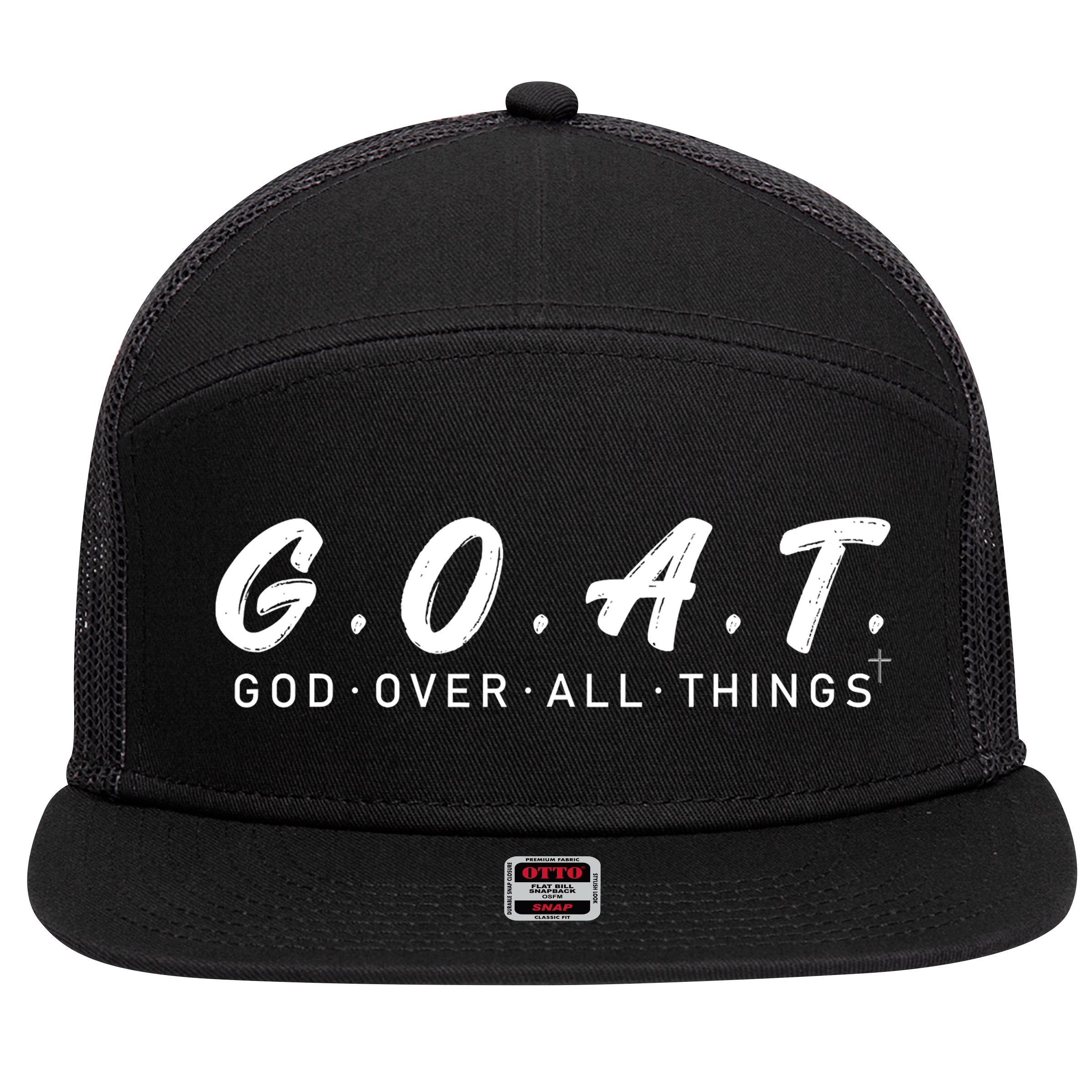 G.O.A.T God Over All Thing Black And White 7 Panel Mesh Trucker Snapback Hat