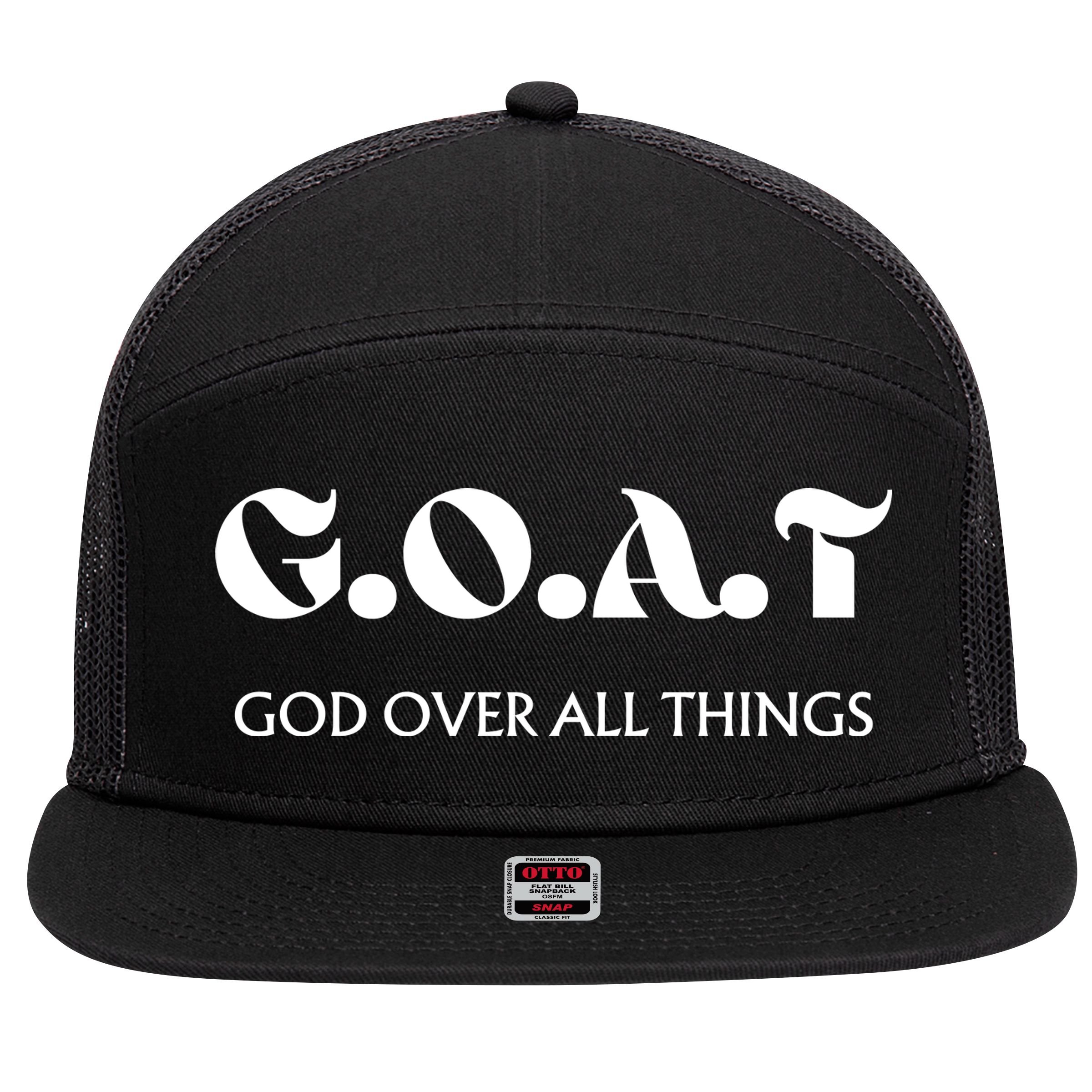 G.O.A.T God Over All Thing Black And White 7 Panel Mesh Trucker Snapback Hat