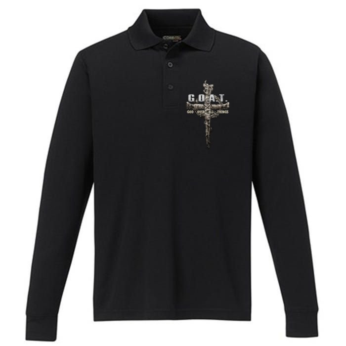 G.O.A.T. Goat Over All Things Vintage Christ Cross Bible God Performance Long Sleeve Polo