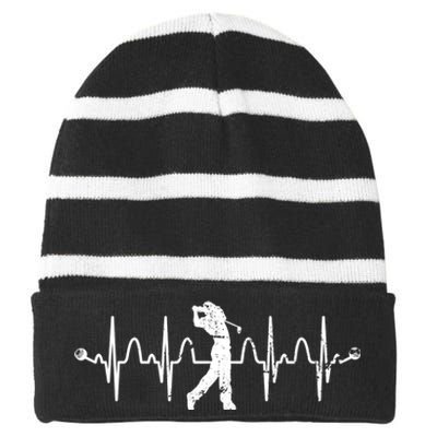 Golfer Golf Player Heartbeat Golf Course Golf Meaningful Gift Striped Beanie with Solid Band