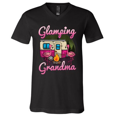 Glamping Grandma RV Flamingos Gift Camper Camping Gift V-Neck T-Shirt