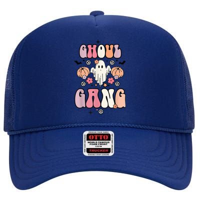 Ghoul Gang Retro Groovy Flowers Funny Ghosts Boo Halloween High Crown Mesh Back Trucker Hat