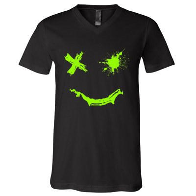 Green Grunge Smile Green Color Graphic V-Neck T-Shirt