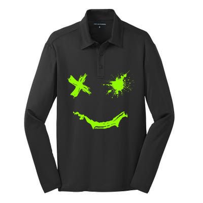 Green Grunge Smile Green Color Graphic Silk Touch Performance Long Sleeve Polo