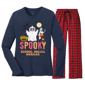 Groovy Ghost Spooky Retro School Social Worker Halloween Women's Long Sleeve Flannel Pajama Set 