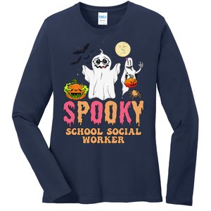 Groovy Ghost Spooky Retro School Social Worker Halloween Ladies Long Sleeve Shirt