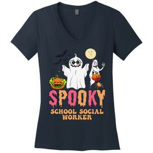 Groovy Ghost Spooky Retro School Social Worker Halloween Women's V-Neck T-Shirt