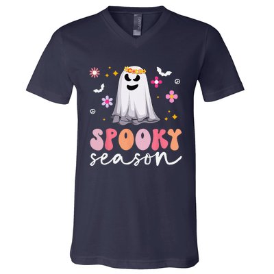 Groovy Ghost Spooky Season Retro Halloween Hippie V-Neck T-Shirt