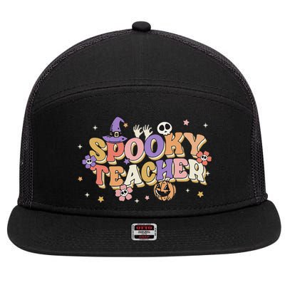 Groovy Ghost Spooky Teacher Retro Hippie Halloween Teach 7 Panel Mesh Trucker Snapback Hat