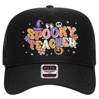 Groovy Ghost Spooky Teacher Retro Hippie Halloween Teach High Crown Mesh Back Trucker Hat