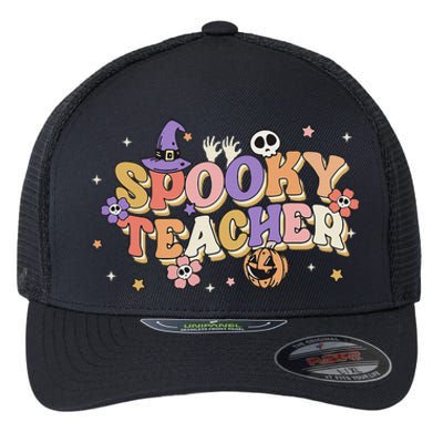 Groovy Ghost Spooky Teacher Retro Hippie Halloween Teach Flexfit Unipanel Trucker Cap