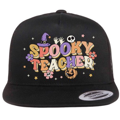 Groovy Ghost Spooky Teacher Retro Hippie Halloween Teach Flat Bill Trucker Hat