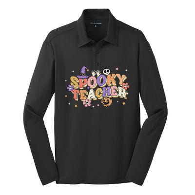 Groovy Ghost Spooky Teacher Retro Hippie Halloween Teach Silk Touch Performance Long Sleeve Polo