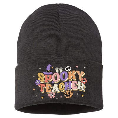 Groovy Ghost Spooky Teacher Retro Hippie Halloween Teach Sustainable Knit Beanie