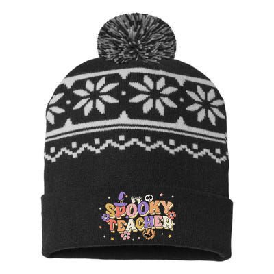 Groovy Ghost Spooky Teacher Retro Hippie Halloween Teach USA-Made Snowflake Beanie