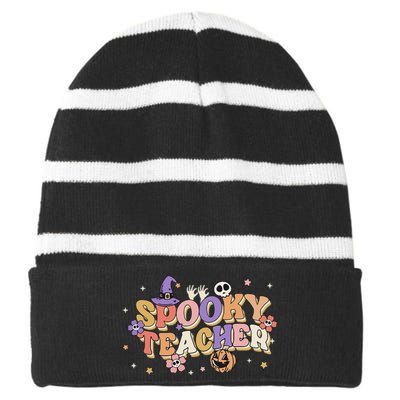 Groovy Ghost Spooky Teacher Retro Hippie Halloween Teach Striped Beanie with Solid Band