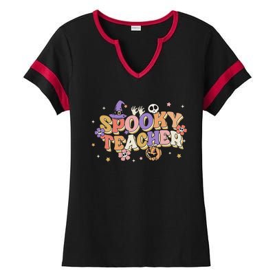 Groovy Ghost Spooky Teacher Retro Hippie Halloween Teach Ladies Halftime Notch Neck Tee