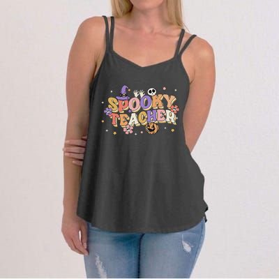 Groovy Ghost Spooky Teacher Retro Hippie Halloween Teach Women's Strappy Tank