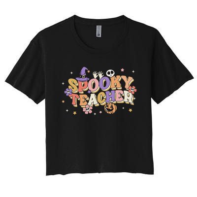 Groovy Ghost Spooky Teacher Retro Hippie Halloween Teach Women's Crop Top Tee