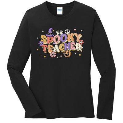 Groovy Ghost Spooky Teacher Retro Hippie Halloween Teach Ladies Long Sleeve Shirt