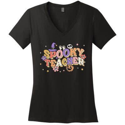 Groovy Ghost Spooky Teacher Retro Hippie Halloween Teach Women's V-Neck T-Shirt