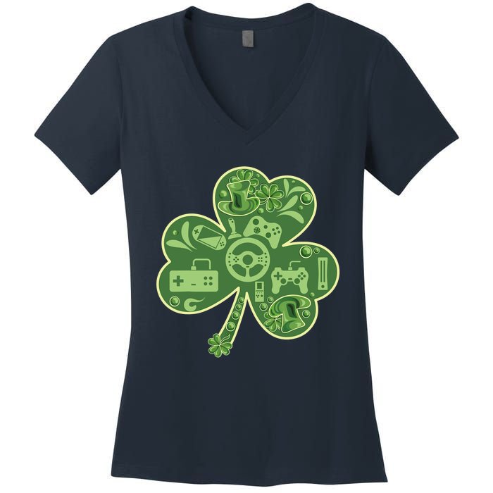 Gamer Game Shamrock St Patricks Day Irish Women's V-Neck T-Shirt