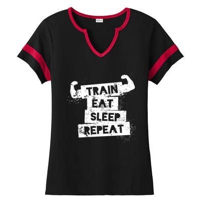 Gym Gift Train Eat Sleep Repeat Gift Ladies Halftime Notch Neck Tee