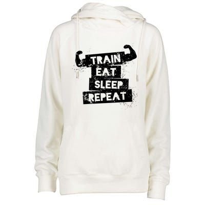 Gym Gift Train Eat Sleep Repeat Gift Womens Funnel Neck Pullover Hood