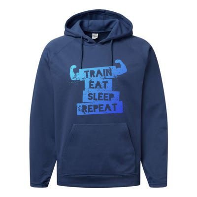 Gym Gift Train Eat Sleep Repeat Gift Performance Fleece Hoodie