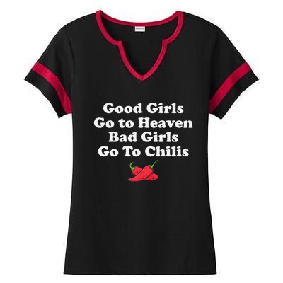 Good Go To Heaven Bad Go To Chilis Funny Pepper Ladies Halftime Notch Neck Tee