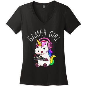 Gamer Girl Unicorn Gaming Cute Video Game Gift Women Women's V-Neck T-Shirt