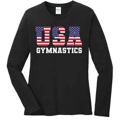 Gymnast Gymnastics Usa American Flag 4th Of July Ladies Long Sleeve Shirt