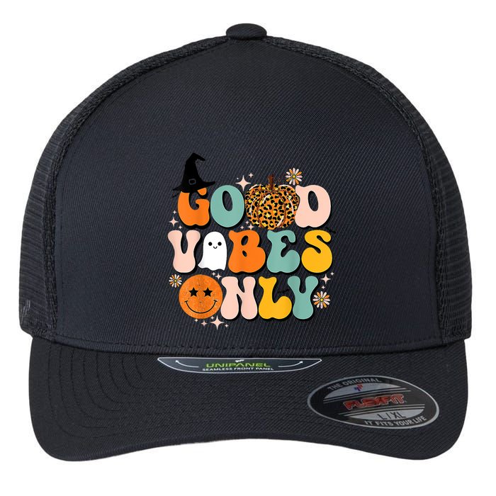 Groovy Good Vibes Only Pumpkin Ghost Spooky Season Halloween Funny Gift Flexfit Unipanel Trucker Cap