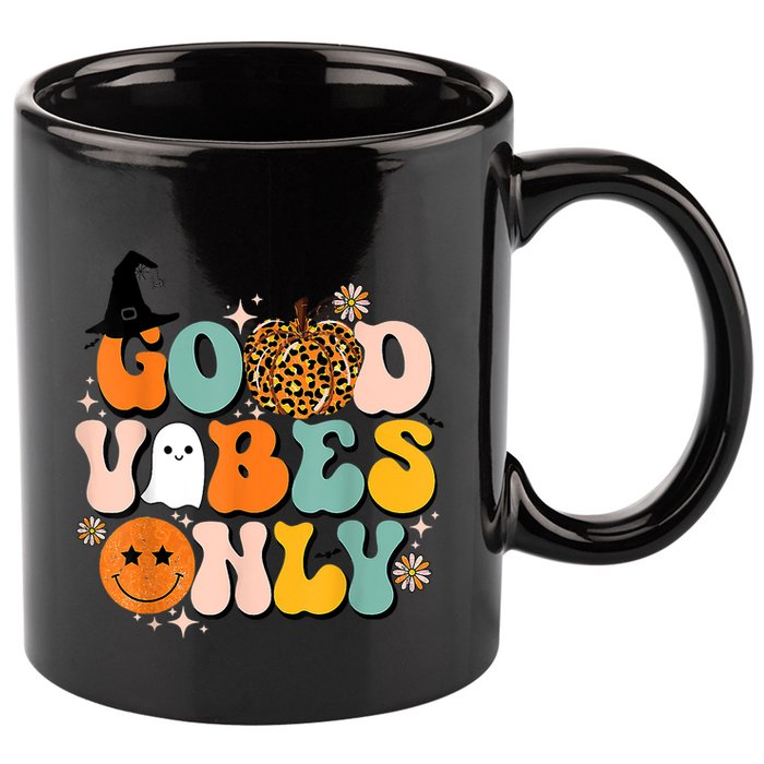 Groovy Good Vibes Only Pumpkin Ghost Spooky Season Halloween Funny Gift 11oz C Handle Ceramic Mug