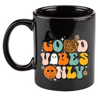 Groovy Good Vibes Only Pumpkin Ghost Spooky Season Halloween Funny Gift 11oz C Handle Ceramic Mug