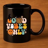 Groovy Good Vibes Only Pumpkin Ghost Spooky Season Halloween Funny Gift 11oz C Handle Ceramic Mug
