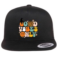 Groovy Good Vibes Only Pumpkin Ghost Spooky Season Halloween Funny Gift Flat Bill Trucker Hat