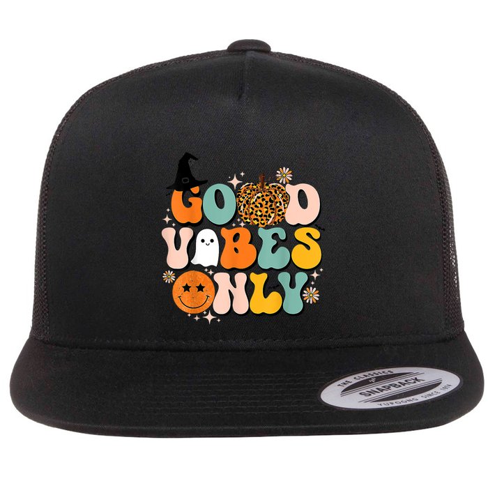 Groovy Good Vibes Only Pumpkin Ghost Spooky Season Halloween Funny Gift Flat Bill Trucker Hat