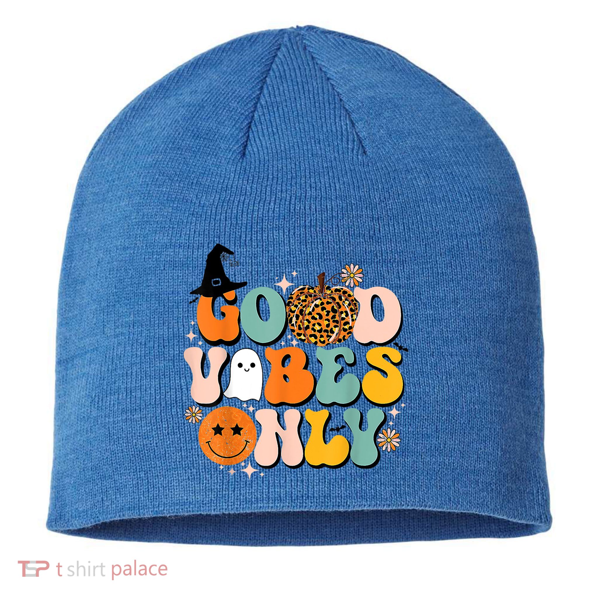 Groovy Good Vibes Only Pumpkin Ghost Spooky Season Halloween Funny Gift Sustainable Beanie