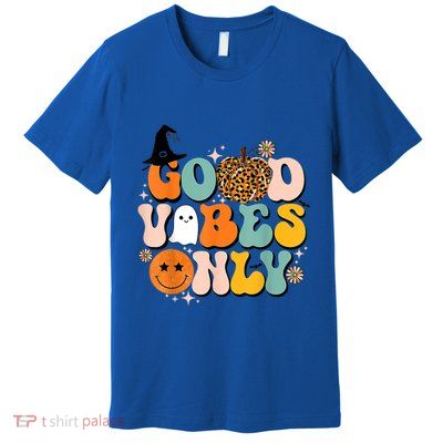 Groovy Good Vibes Only Pumpkin Ghost Spooky Season Halloween Funny Gift Premium T-Shirt