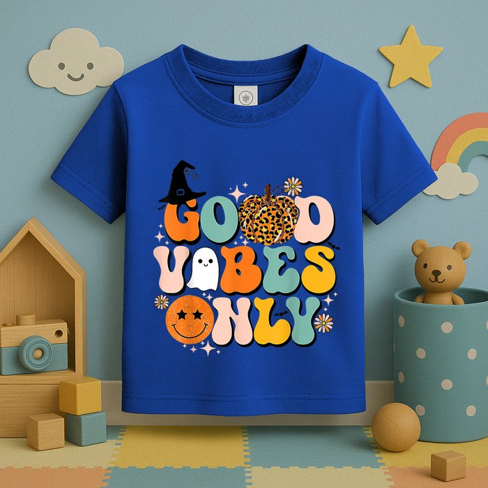 Groovy Good Vibes Only Pumpkin Ghost Spooky Season Halloween Funny Gift Toddler T-Shirt