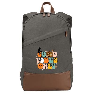 Groovy Good Vibes Only Pumpkin Ghost Spooky Season Halloween Funny Gift Cotton Canvas Backpack