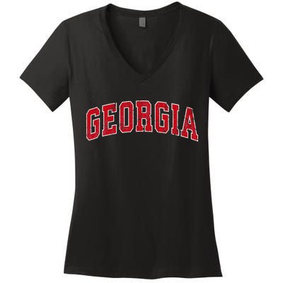 Georgia Ga Vintage Sports Red Varsity Style Women's V-Neck T-Shirt